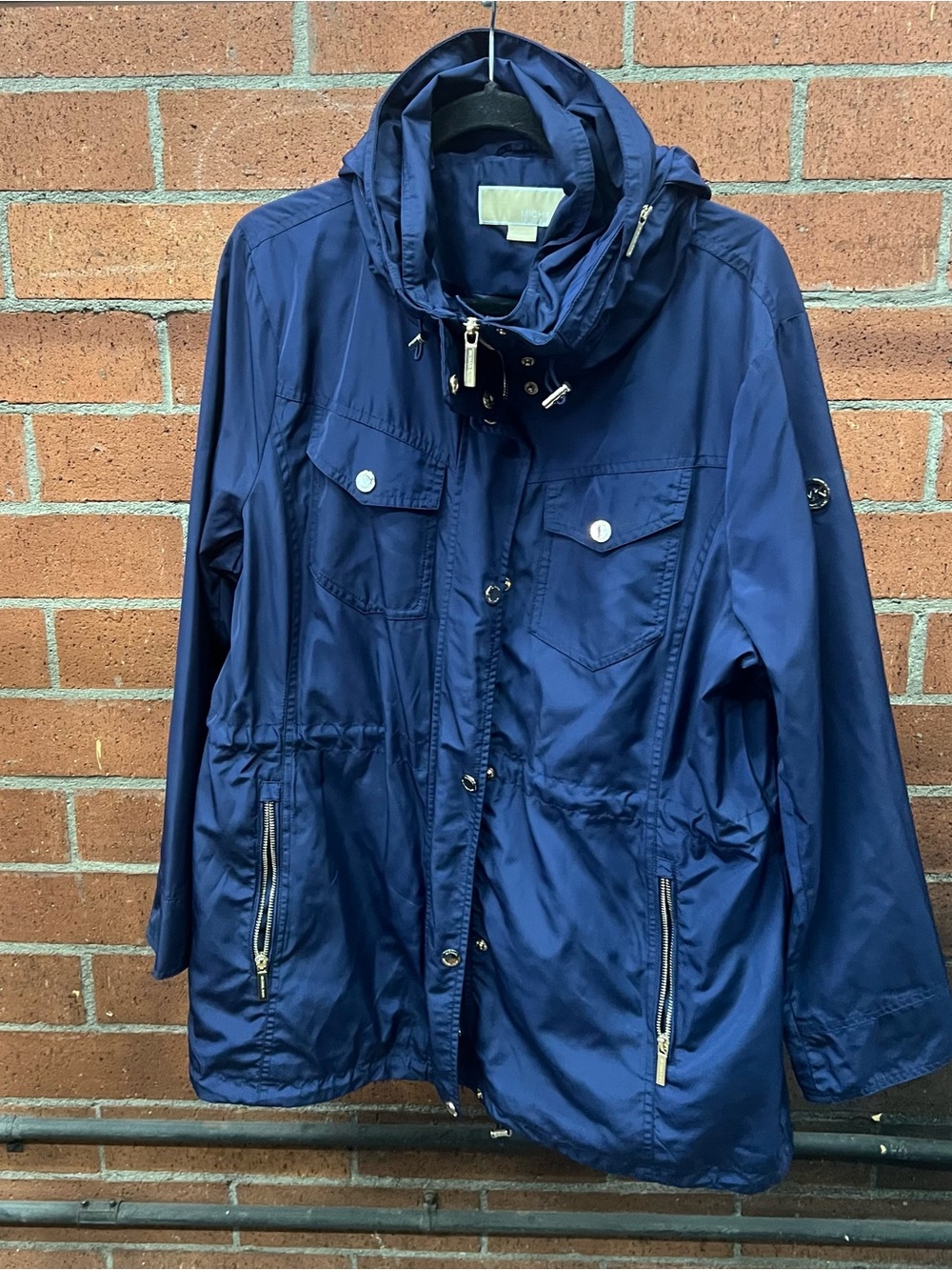 Michael Kors Navy Blue Hooded Utility Anorak Jacket with Gold Hardware
